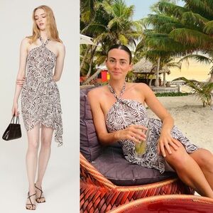 TOCCIN Palm Leaf Print Chiffon Halter Tie Neck Sleeveless Sarong Waist Dress 10